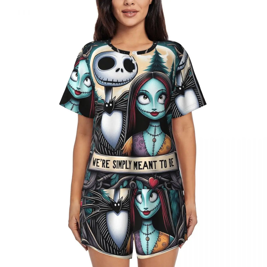 Women's Nightmare Before Christmas Jack Skellington Pajamas Set Printed 2 Piece Pjs Sets Short Sleeve Sleepwear Loungewear