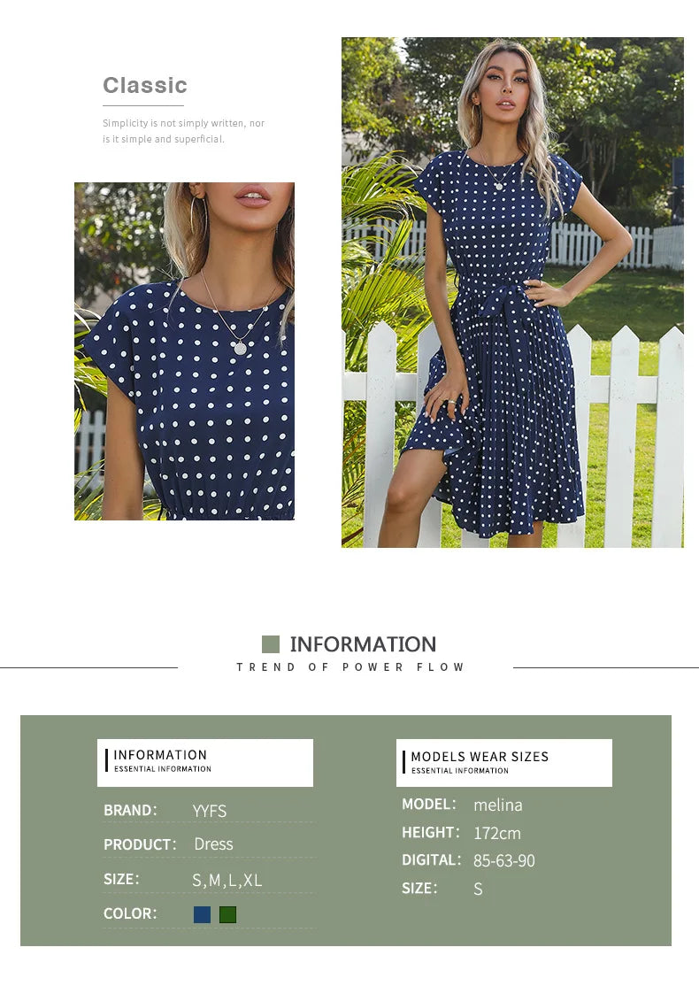 Summer Dresses For Women High Waist Midi Elegant Pleated Polka Dots Office Lady Dinner Party Vacation Dress Female Clothing Robe