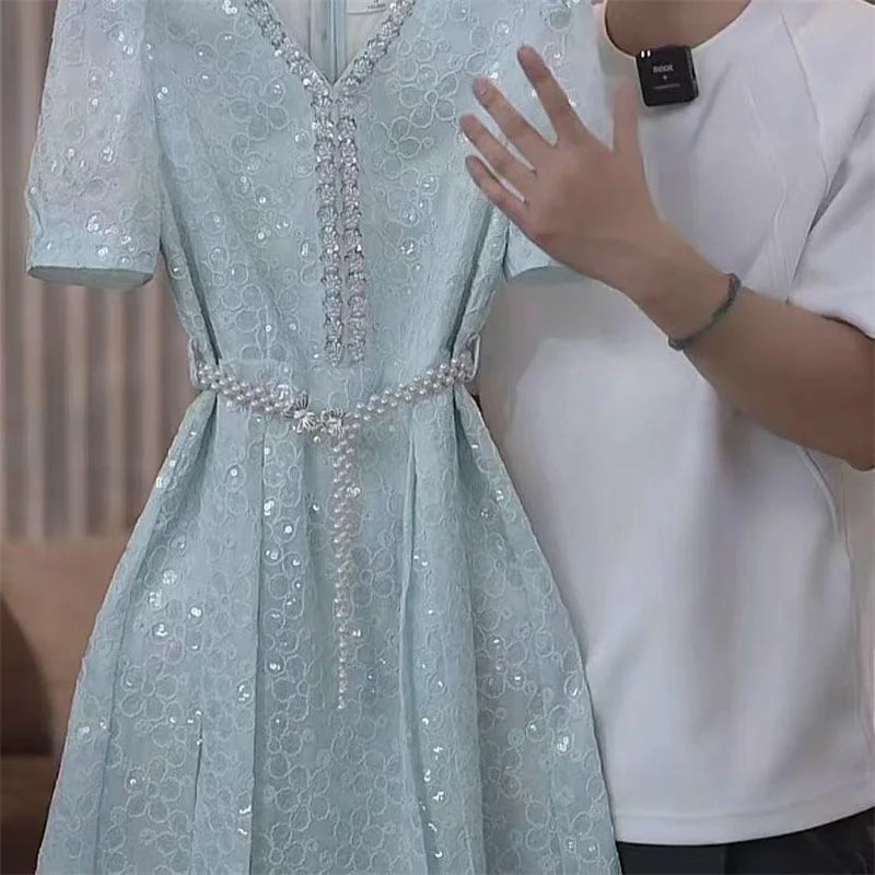 Dress For Women In Summer 2025 Light Luxury Temperament Heavy Industry Sequins Elegant and Niche Waist Hugging Dress Short Skirt