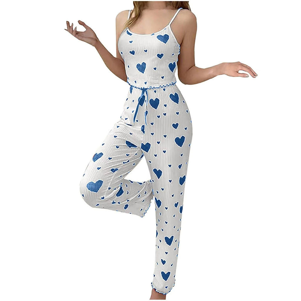 2025New Women pajamas plus size pajamas set 2 piece short vest + trouser white breathable soft casual love print