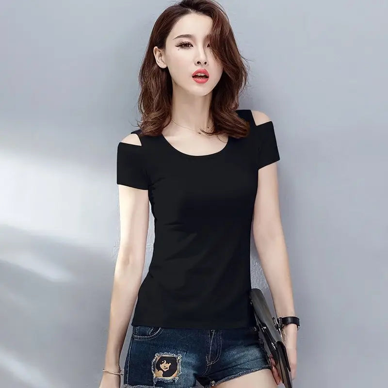 Women Clothes Summer Trend Simplicity Solid Color O-neck Off Shoulder Short Sleeve T-Shirt Women's Fashion Casual All-match Tops