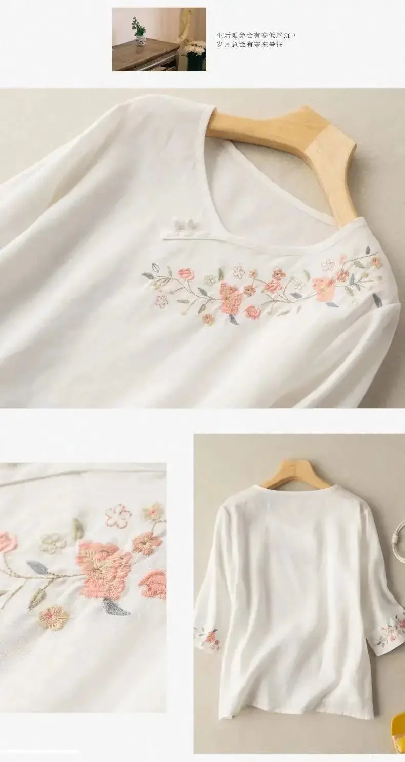 T-shirt Top for Women in Summer 2025 New Loose Slim Round Neck Retro Style Embroidered Quarter Sleeve Shirt