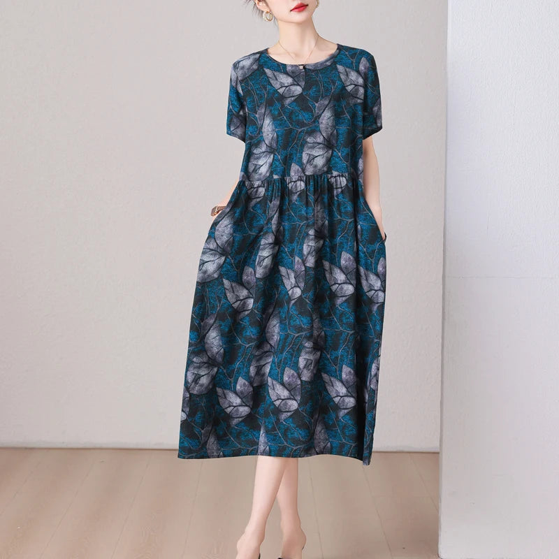 summer dress elegant clothing 2025 short sleeve  vintage floral new  dresses for women casual loose long