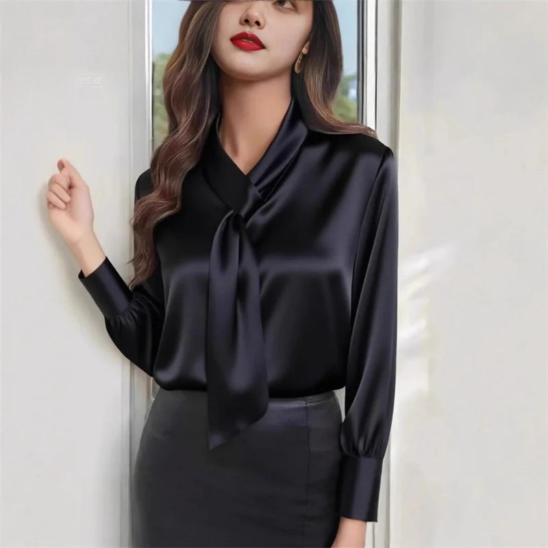 2025 Women Blouse Autumn Solid Elegant Fashionable Design with Ribbon Shirts Casual Long Sleeve Shirt Office Ladies Blusas Mujer