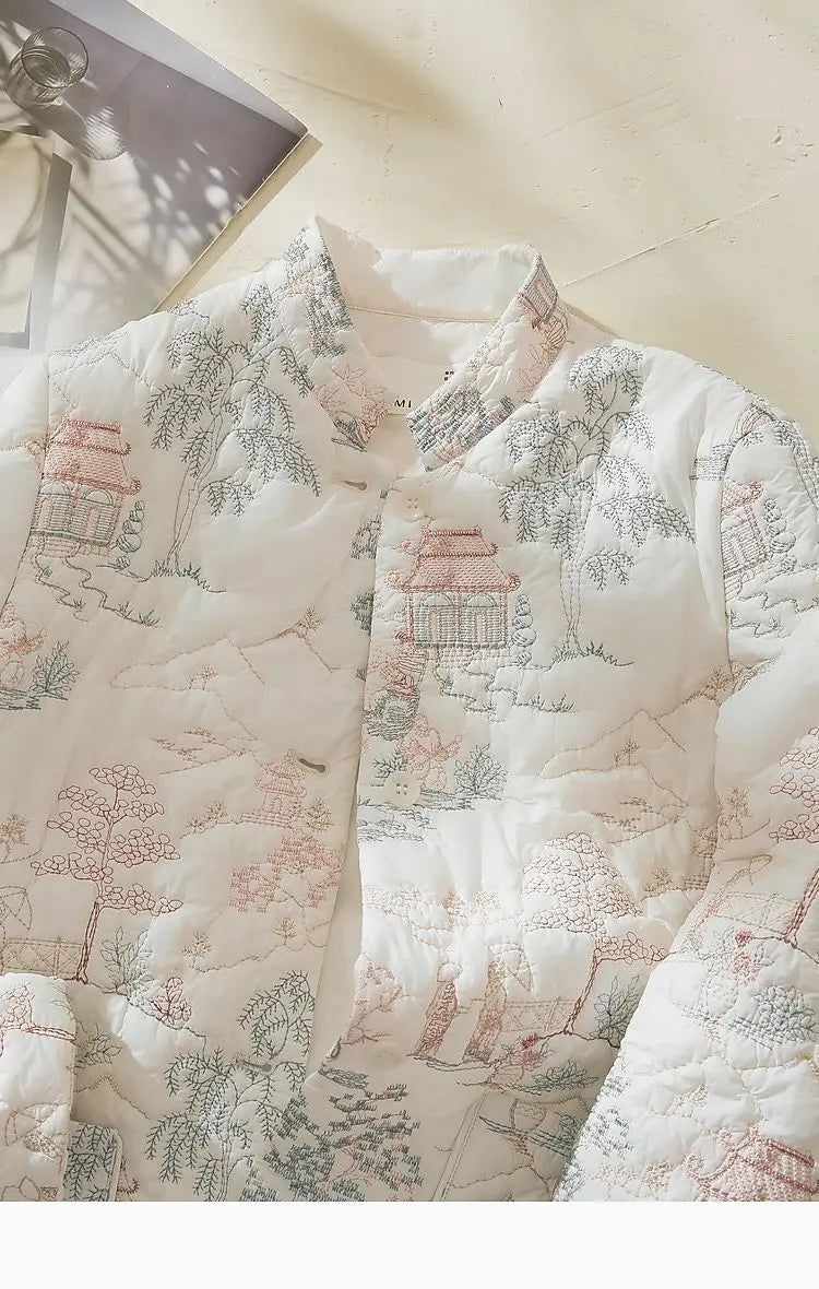 Women's Autumn Winter Tops Coat Cotton Clothes Embroidery Retro Slim Loose Design Soft Comfortable Trend New Versatile Niche