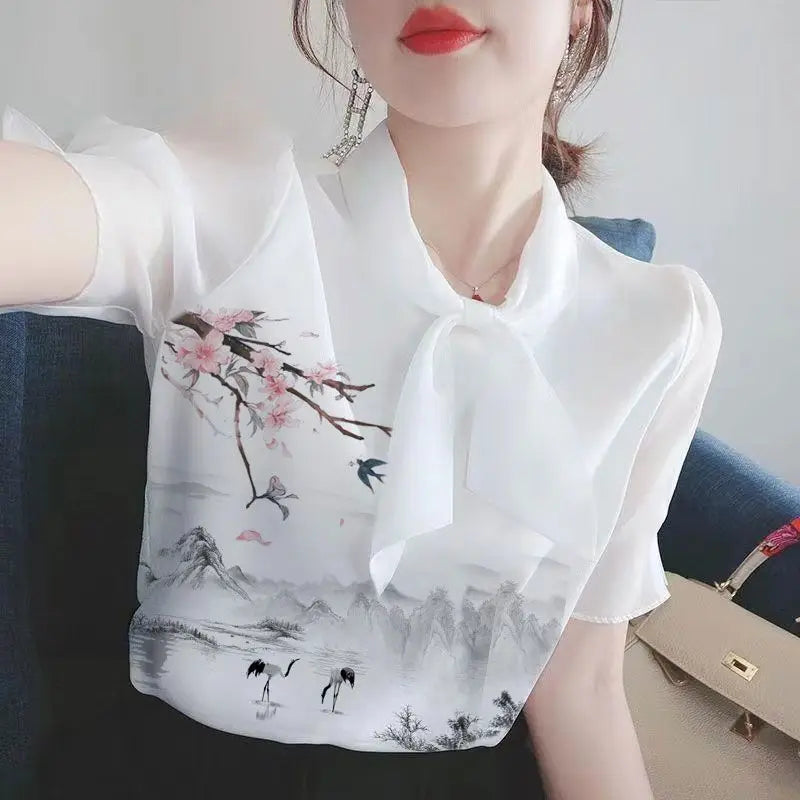 Women Clothing Summer Thin Fashion Simplicity White Printing Short Sleeve Shirts Women's Trend Casual All-match Temperament Tops