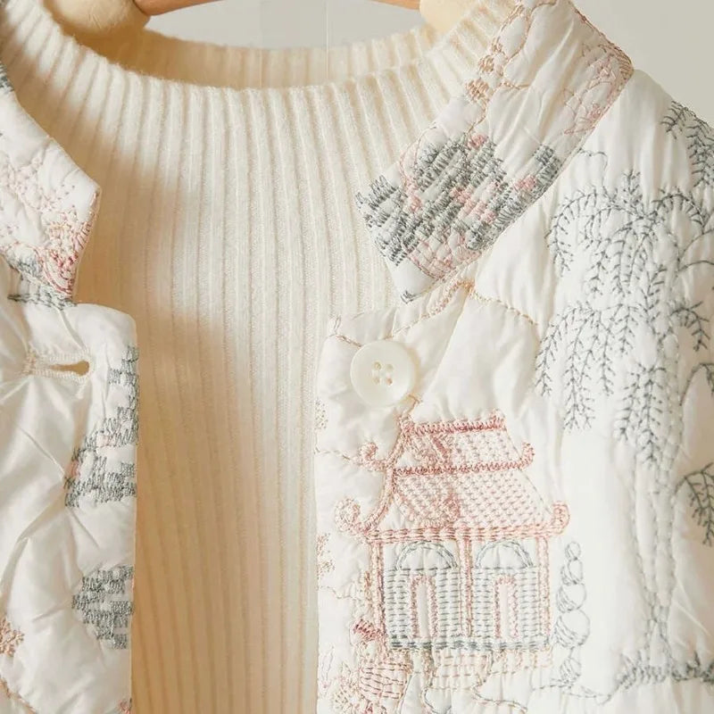 Women's Autumn Winter Tops Coat Cotton Clothes Embroidery Retro Slim Loose Design Soft Comfortable Trend New Versatile Niche