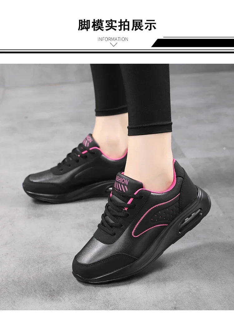 2025 New Women's Fashionable Sneakers Leather Women's Casual Shoes Lace Up Flat Shoes Ladies Lightweight Fitness Walking Shoes