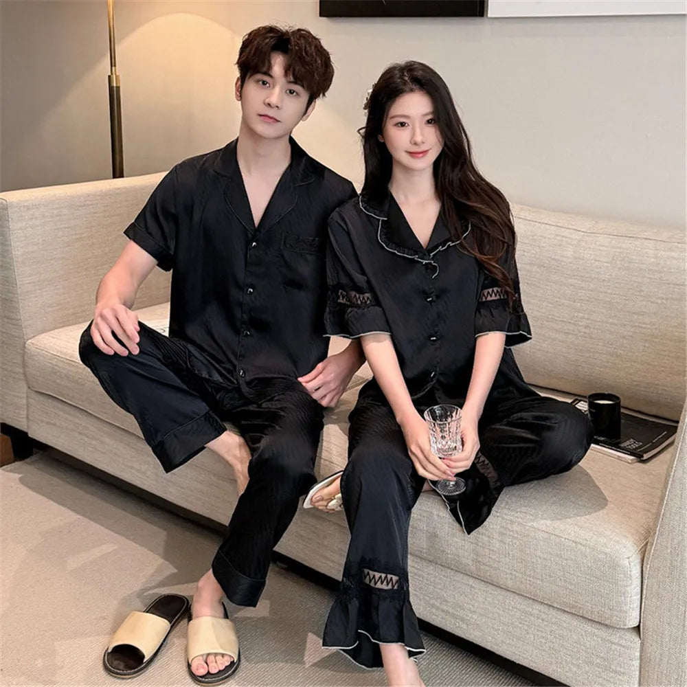 Women Men Pajamas Short Sleeved Shirt Trousers Ice Silk Sleepwear Loungewear Nightwear Homewear