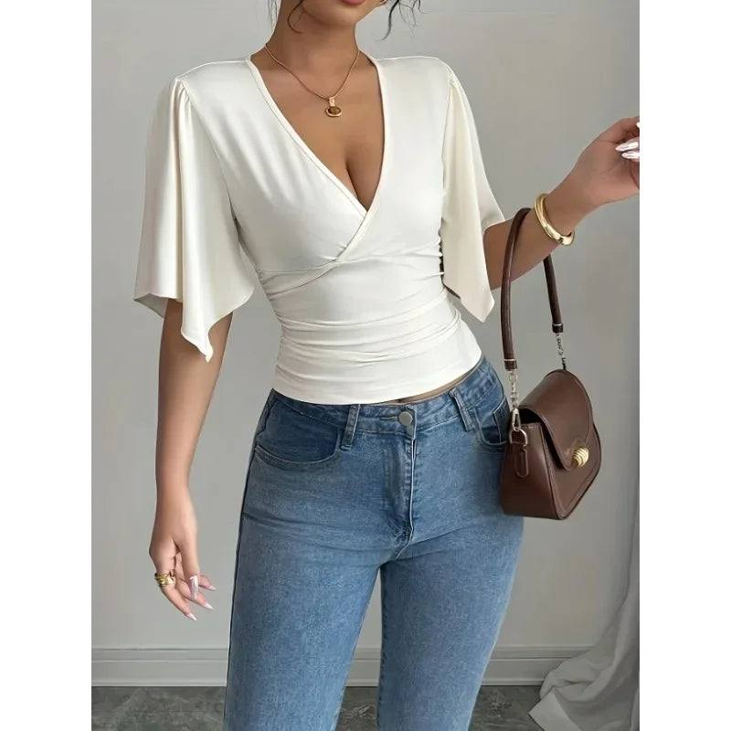 Shirts for Women Summer Solid Colour Casual Fashion Flared Sleeve Slim Deep V Neck Sexy T-Shirt Top Women Clothes Y2k Tops