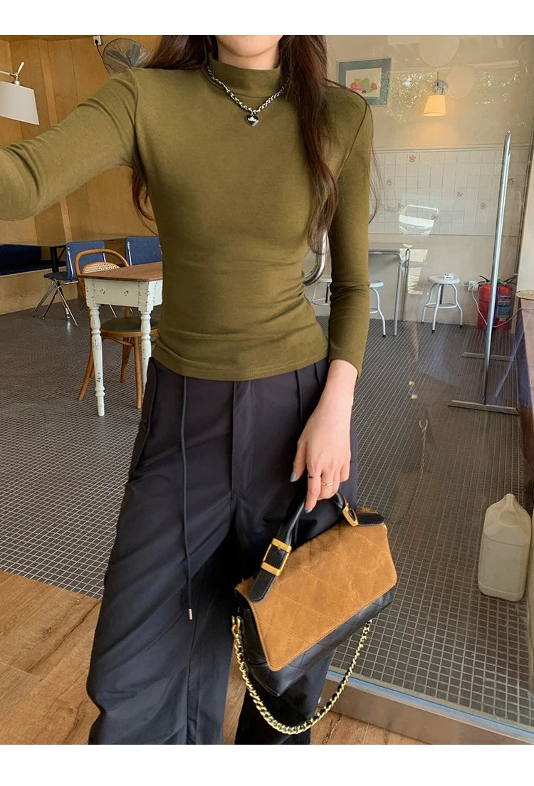 Autumn Winter Knitted Women's T-shirts 2025 New Long Sleeve Solid Half Turtleneck Korean Bottom Slim Short Tops Tee Female