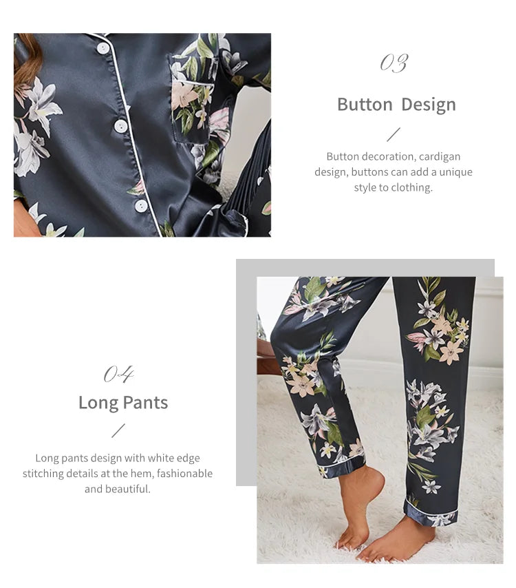 Pajamas For Women Home Clothes Autumn Satin Flower Print Sleepwear Long Sleeve Tops Pajama Pants Nightwear 2 Piece Pyjama Femme