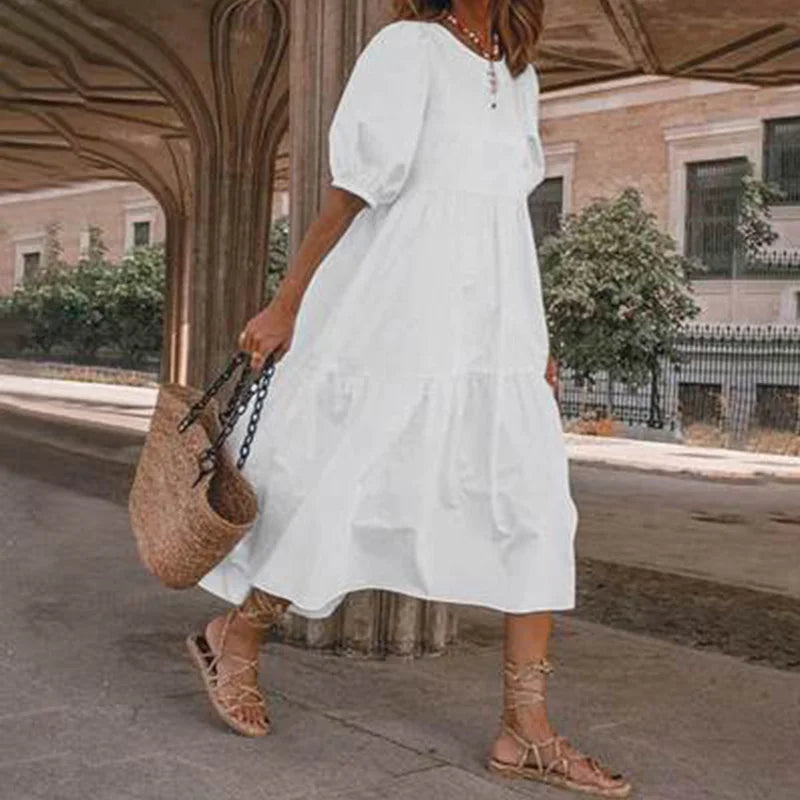Summer Women Loose Mid-Calf Dress Vintage Lantern Sleeve Long Dresses Boho Ladies Beach DressesLoose Vestido Casual