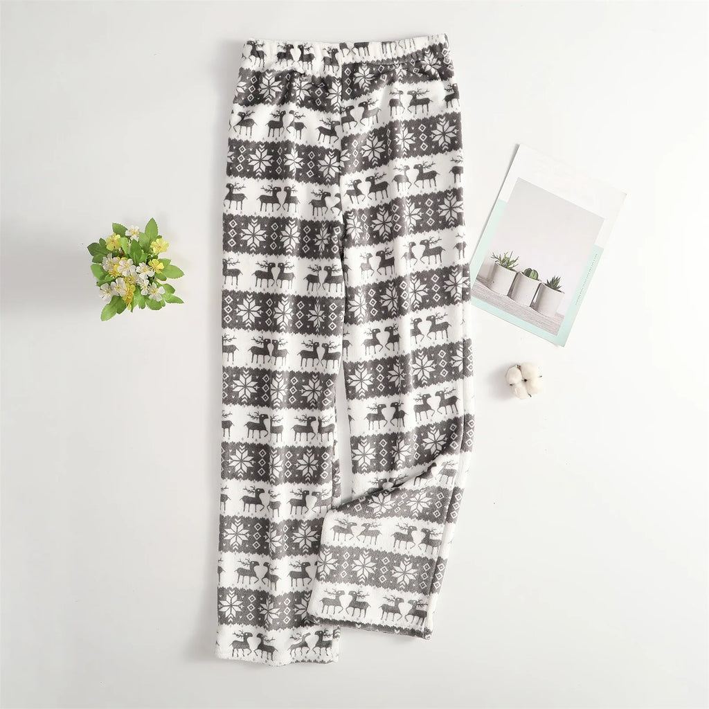 Women Christmas Printed Pajama Pants Winter Warm Soft Plush Sleep Pants Comfy Elastic Waist Home Clothes Bottoms with 2 Pockets