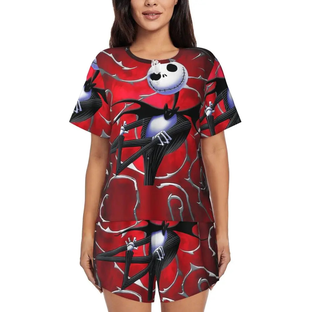 Women's Nightmare Before Christmas Jack Skellington Pajamas Set Printed 2 Piece Pjs Sets Short Sleeve Sleepwear Loungewear