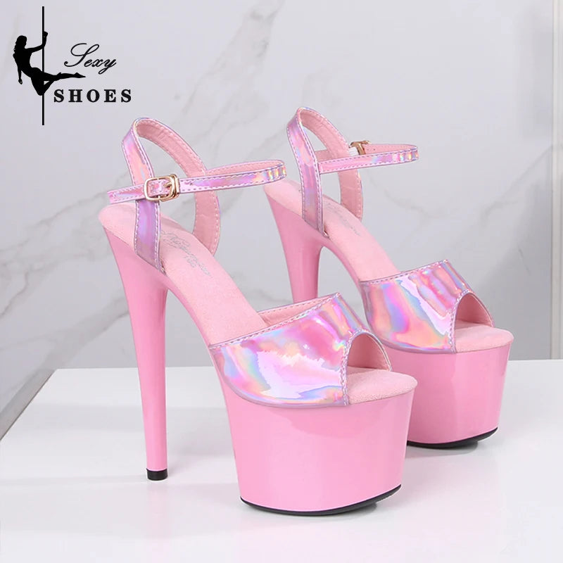 Women's Summer Shoes with Heels Sexy 17CM/7Inchs Platform Sandals Pole Dancing Fetish Erotic Stripper Shoes Luxury Laser Color