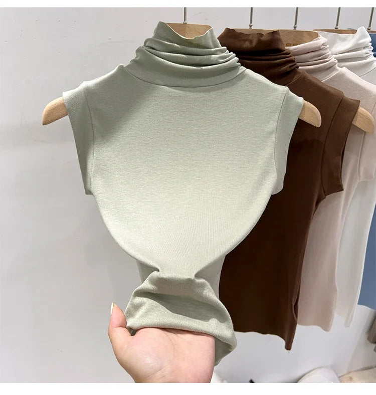 Women Summer Sexy Turtleneck Sleeveless T-Shirts Tops Solid Slim Fit Pullovers Causal Tees Shirts Female Streetwear Basics Tees