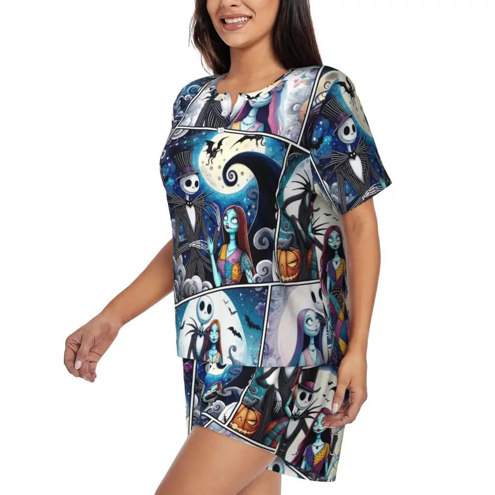 Women's Nightmare Before Christmas Jack Skellington Pajamas Set Printed 2 Piece Pjs Sets Short Sleeve Sleepwear Loungewear