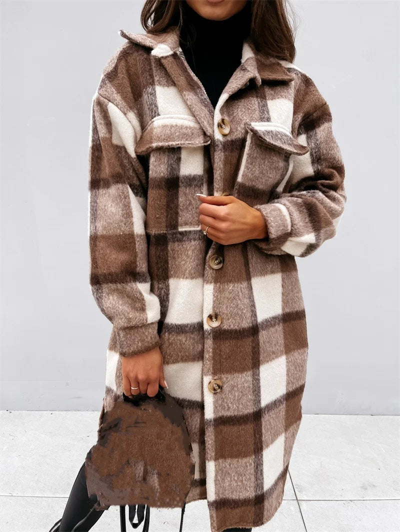 Women Check Tweed Long Shirt Autumn Winter Thickened Warm Single-breasted Cardigan Blouse Female Casual Double Pockets Outerwear