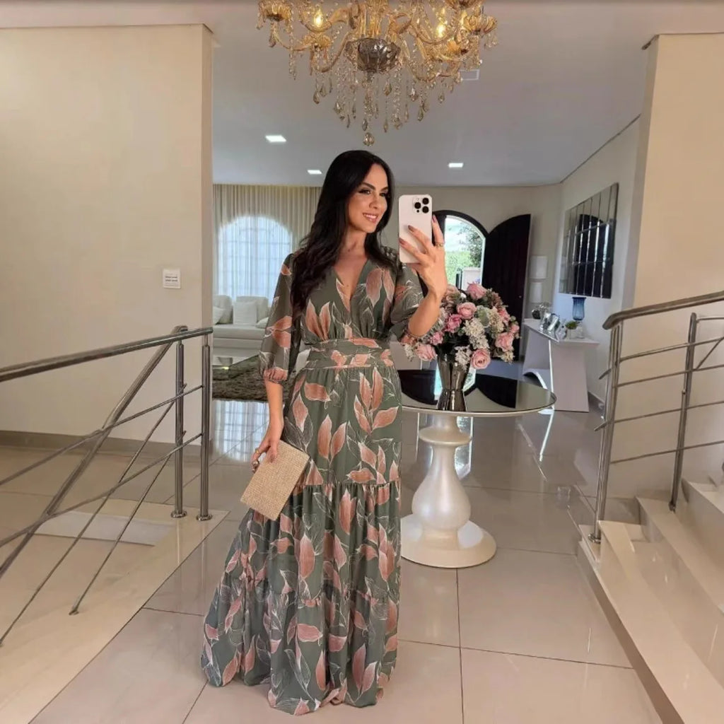 Summer Women Dresses Floral Print Ruffles Boho V-neck Short Sleeve Casual Loose Beach Dress Elegant Holiday Maxi Long Dress Robe