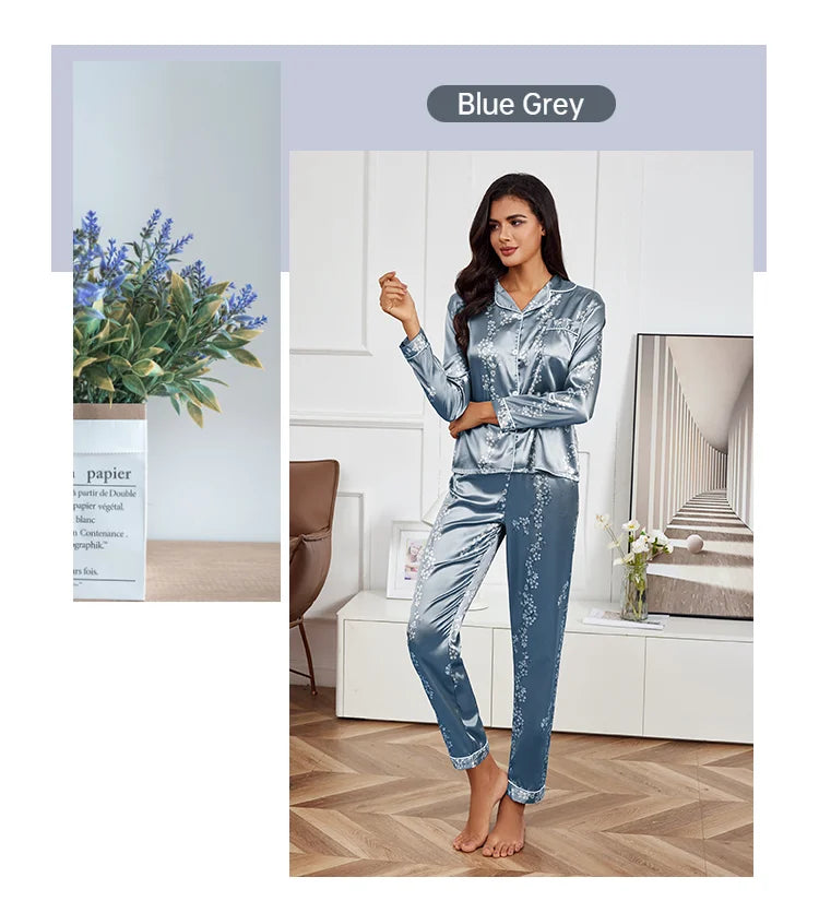 Pajamas For Women Home Clothes Autumn Satin Flower Print Sleepwear Long Sleeve Tops Pajama Pants Nightwear 2 Piece Pyjama Femme
