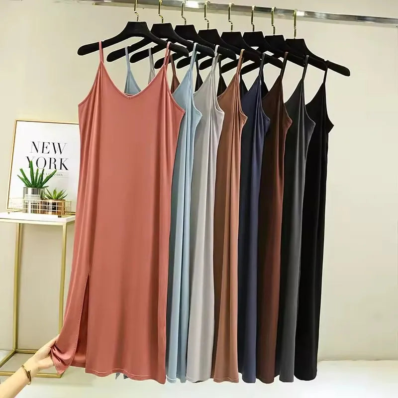 Women Summer Dresses Casual V Neck Full Under Slip Dress Spaghetti Strap Seamless Loose Split Bottming Thin All-Match Dress