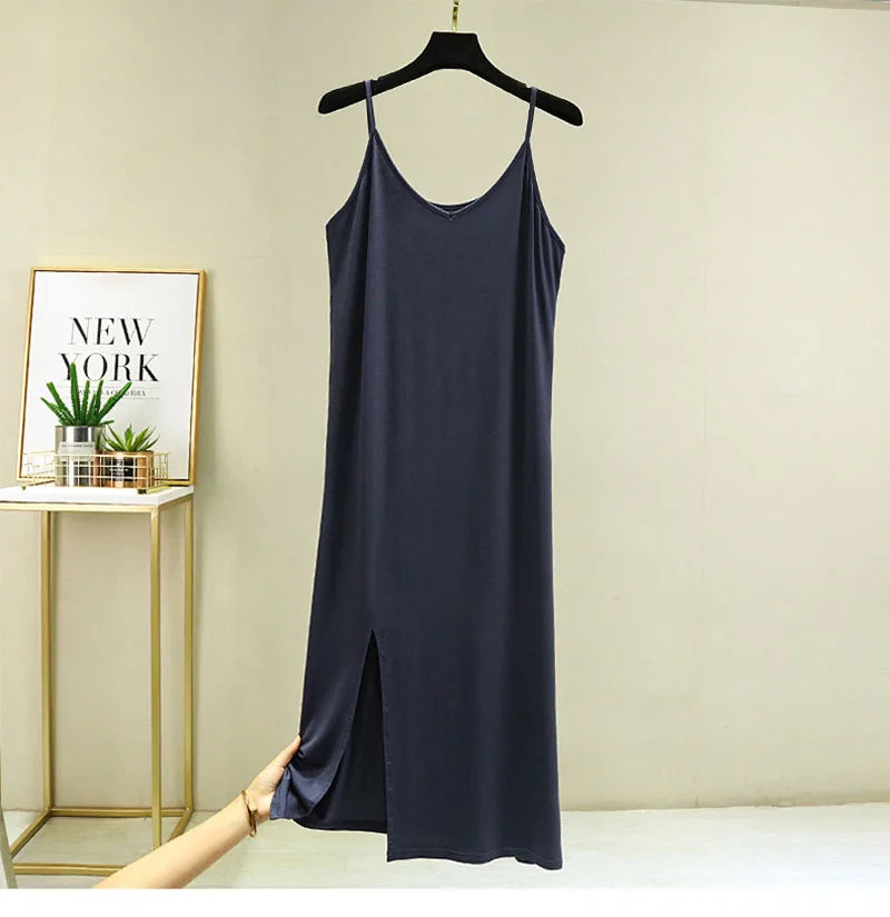 Women Summer Dresses Casual V Neck Full Under Slip Dress Spaghetti Strap Seamless Loose Split Bottming Thin All-Match Dress