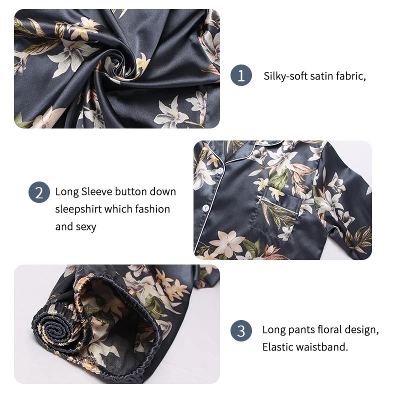Pajamas For Women Home Clothes Autumn Satin Flower Print Sleepwear Long Sleeve Tops Pajama Pants Nightwear 2 Piece Pyjama Femme