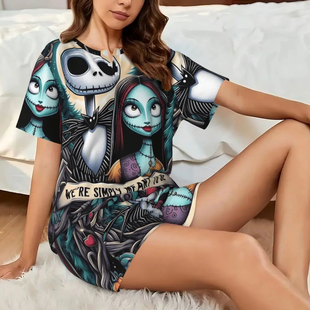Women's Nightmare Before Christmas Jack Skellington Pajamas Set Printed 2 Piece Pjs Sets Short Sleeve Sleepwear Loungewear