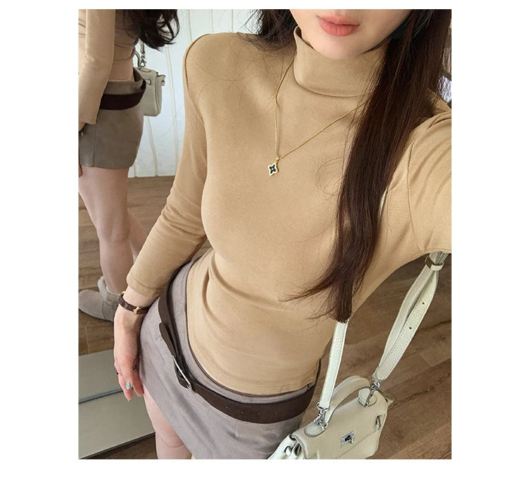 Autumn Winter Knitted Women's T-shirts 2025 New Long Sleeve Solid Half Turtleneck Korean Bottom Slim Short Tops Tee Female