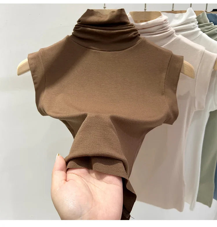 Women Summer Sexy Turtleneck Sleeveless T-Shirts Tops Solid Slim Fit Pullovers Causal Tees Shirts Female Streetwear Basics Tees