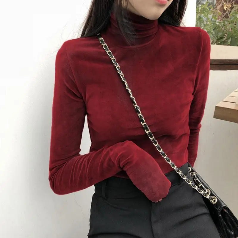 Women T Shirt Warm Velvet Pullovers Tops Winter Warm Turtleneck Long Sleeve Tshirt High Collar Bottoming Slim T-shirt 2020