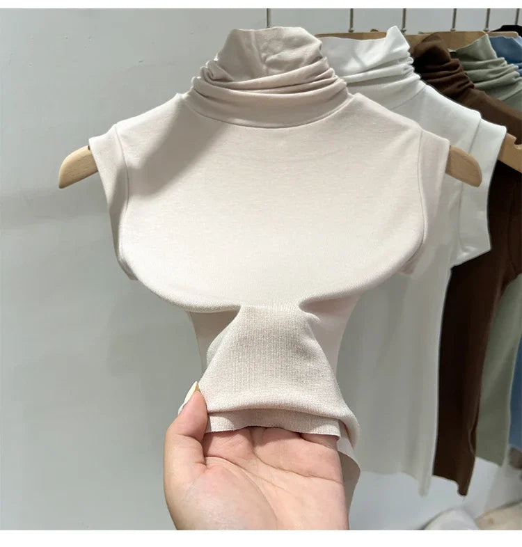 Women Summer Sexy Turtleneck Sleeveless T-Shirts Tops Solid Slim Fit Pullovers Causal Tees Shirts Female Streetwear Basics Tees