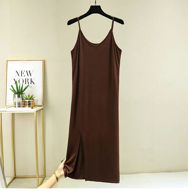 Women Summer Dresses Casual V Neck Full Under Slip Dress Spaghetti Strap Seamless Loose Split Bottming Thin All-Match Dress