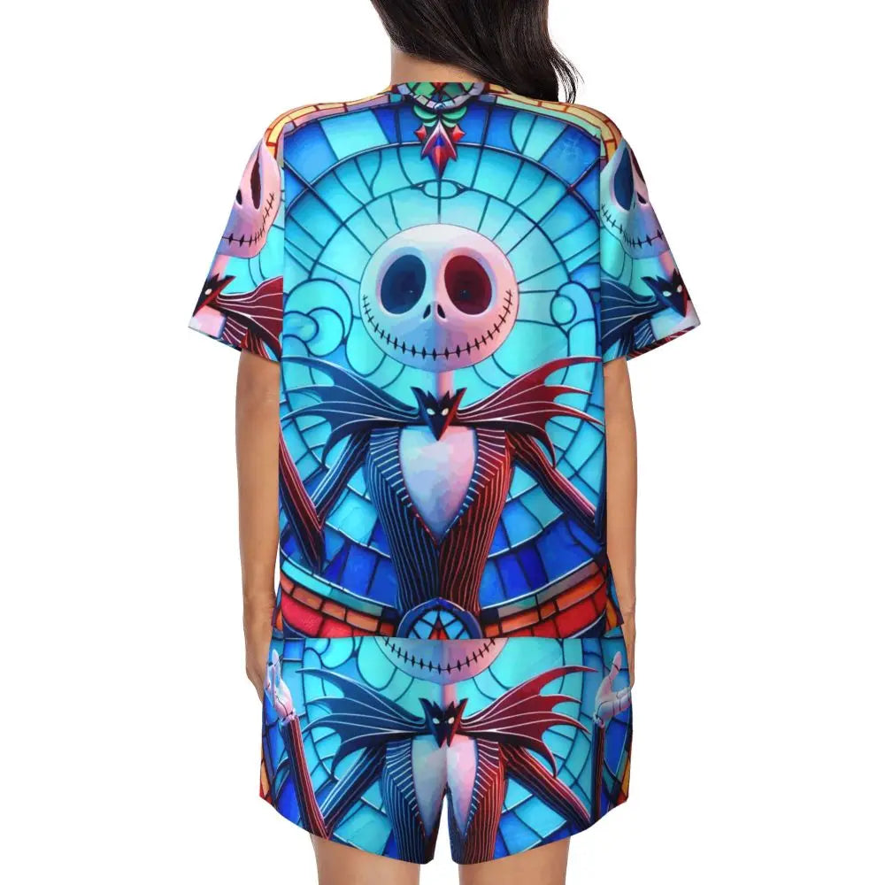Women's Nightmare Before Christmas Jack Skellington Pajamas Set Printed 2 Piece Pjs Sets Short Sleeve Sleepwear Loungewear