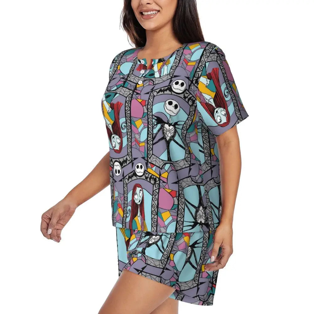Women's Nightmare Before Christmas Jack Skellington Pajamas Set Printed 2 Piece Pjs Sets Short Sleeve Sleepwear Loungewear