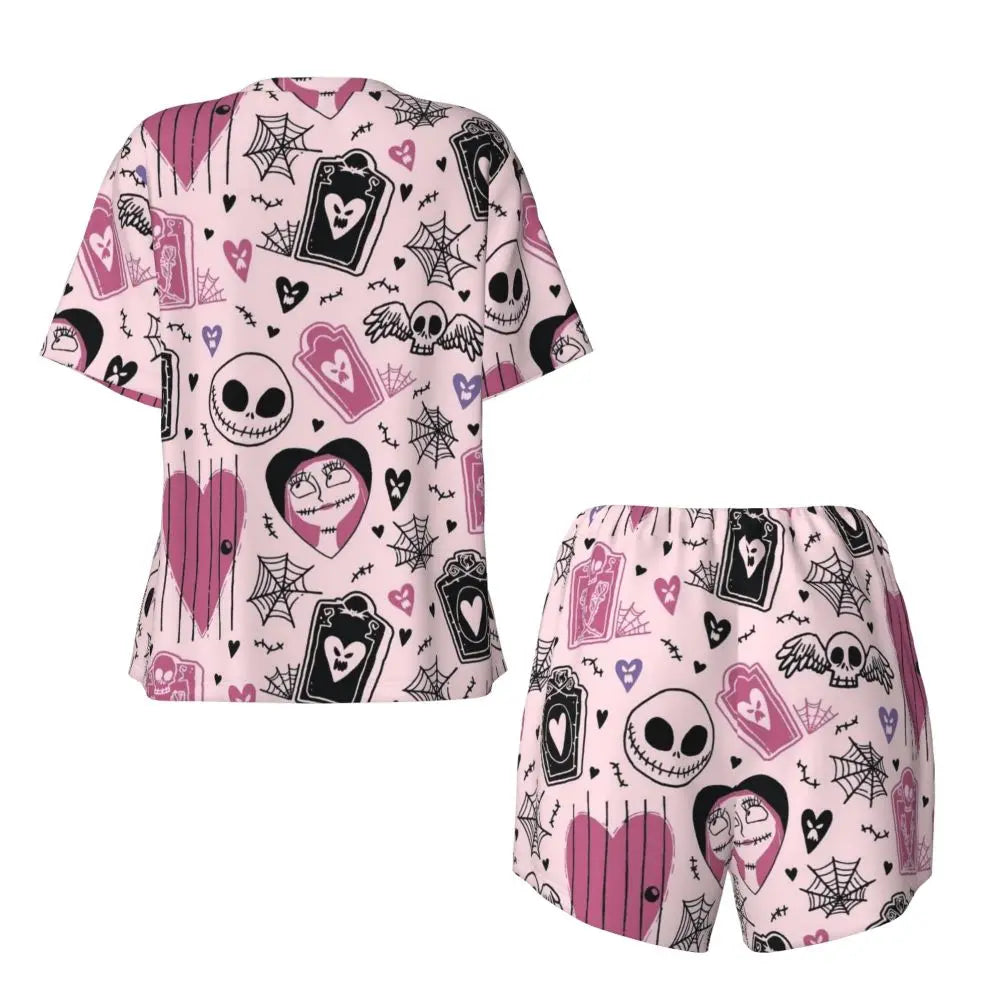 Women's Nightmare Before Christmas Jack Skellington Pajamas Set Printed 2 Piece Pjs Sets Short Sleeve Sleepwear Loungewear