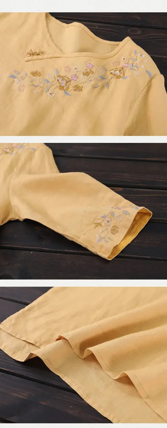 T-shirt Top for Women in Summer 2025 New Loose Slim Round Neck Retro Style Embroidered Quarter Sleeve Shirt