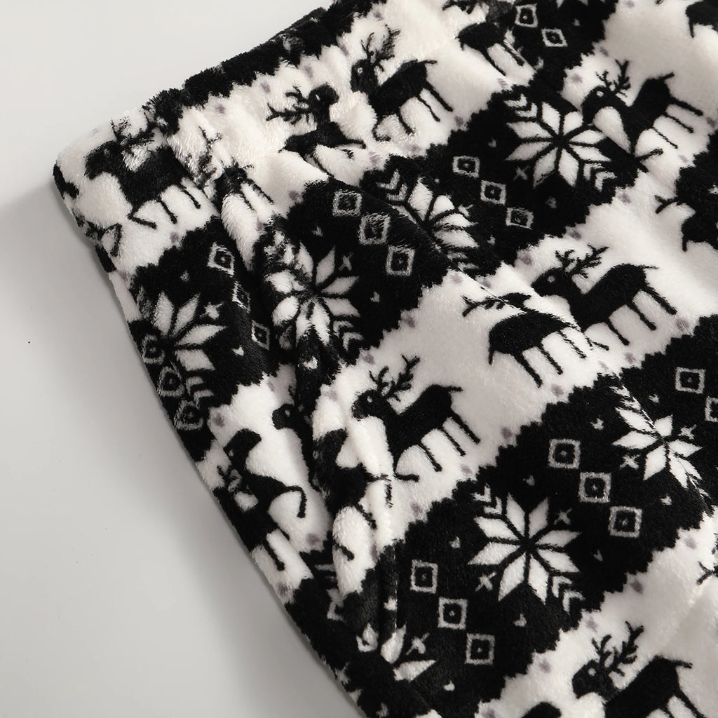 Women Christmas Printed Pajama Pants Winter Warm Soft Plush Sleep Pants Comfy Elastic Waist Home Clothes Bottoms with 2 Pockets