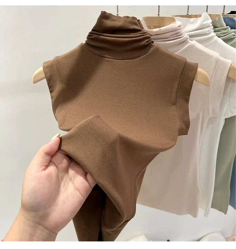 Women Summer Sexy Turtleneck Sleeveless T-Shirts Tops Solid Slim Fit Pullovers Causal Tees Shirts Female Streetwear Basics Tees