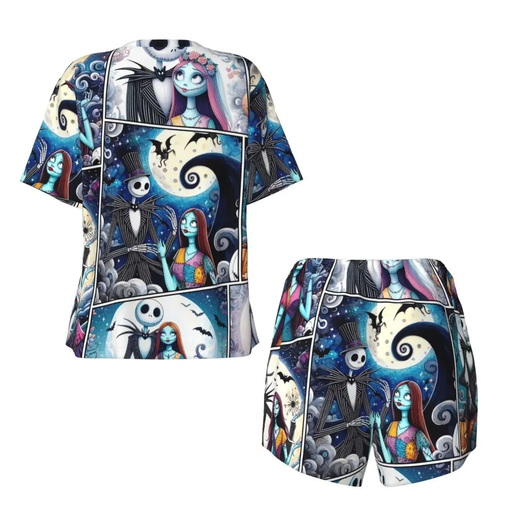 Women's Nightmare Before Christmas Jack Skellington Pajamas Set Printed 2 Piece Pjs Sets Short Sleeve Sleepwear Loungewear