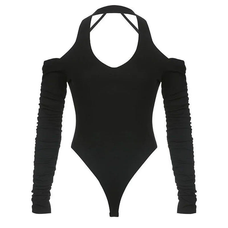 2025 Summer Female T-Shirts Long Sleeve T-Shirts Women Sexy Black Halter Backless Tops New Trendy Girls Designer Ruched Clothes