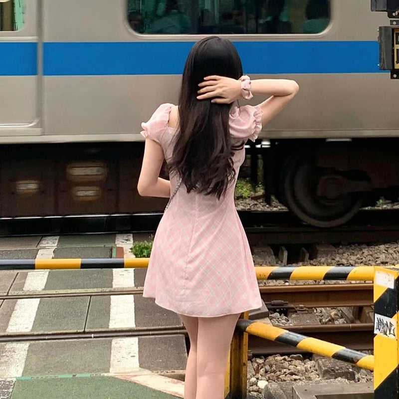 Women Sexy Dresses New Summer Streetwear Green Fashion Print Plaid Short Sleeve Mini Dress Club Party Female Elegant Tank Dress