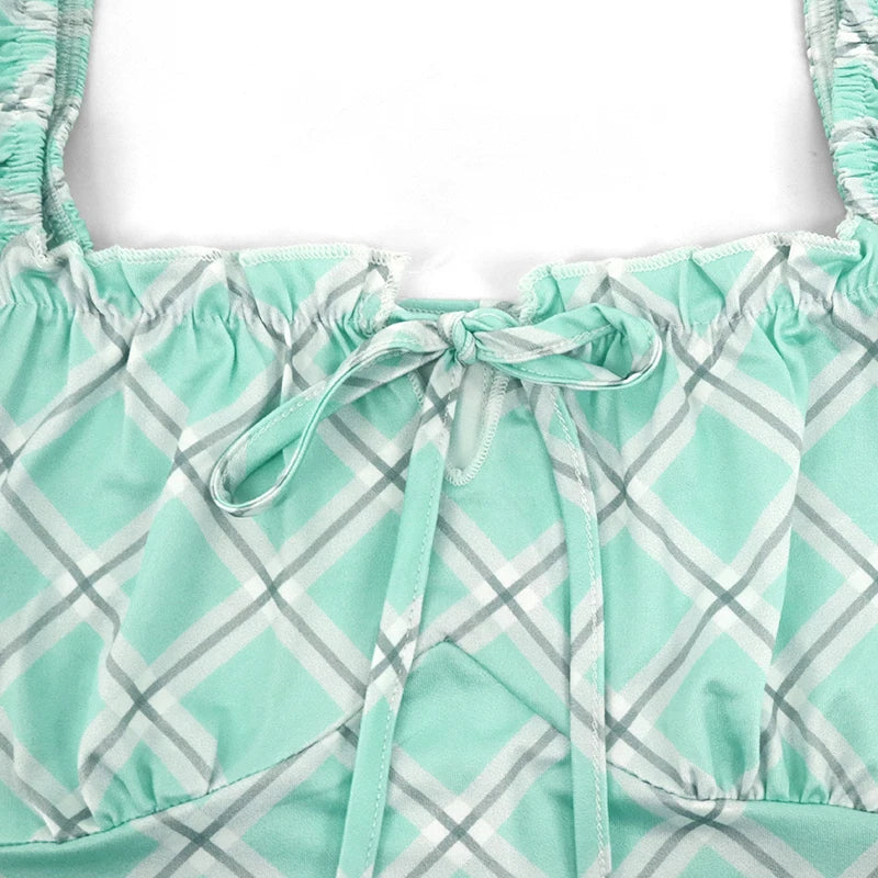 Women Sexy Dresses New Summer Streetwear Green Fashion Print Plaid Short Sleeve Mini Dress Club Party Female Elegant Tank Dress