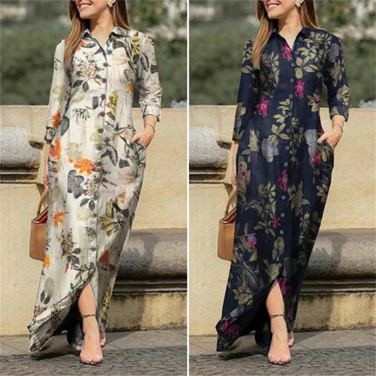 Fashion Summer Dresses 2024 New Women's Printed Elegant Robe Flip Collar Single Breasted Elegant Commuter Long Dress