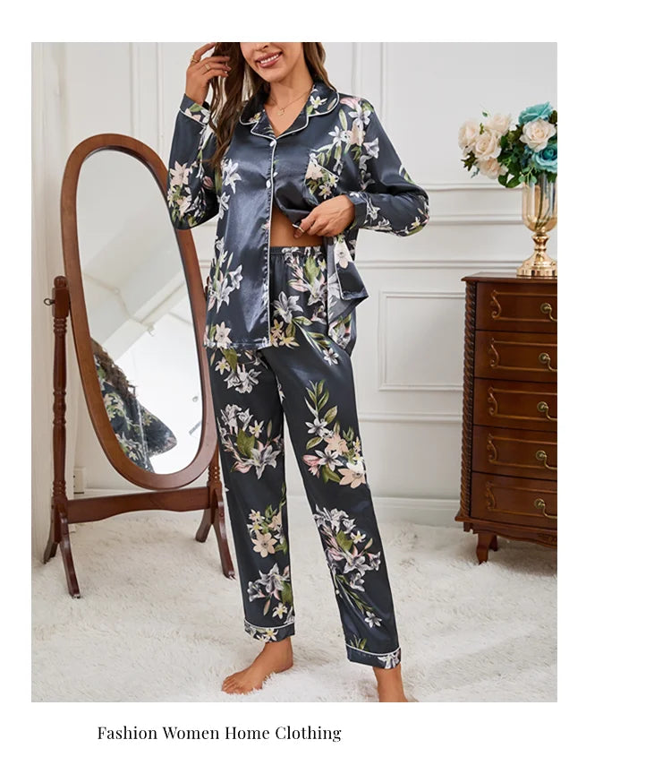 Pajamas For Women Home Clothes Autumn Satin Flower Print Sleepwear Long Sleeve Tops Pajama Pants Nightwear 2 Piece Pyjama Femme