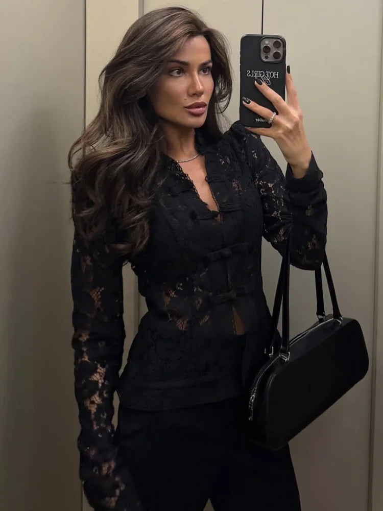 Tossy Summer Lace Printed Shirts Tops Female Hollow Out Fashion Commute Vintage See-Through Blouse Women's Lace Shrug Shirts New