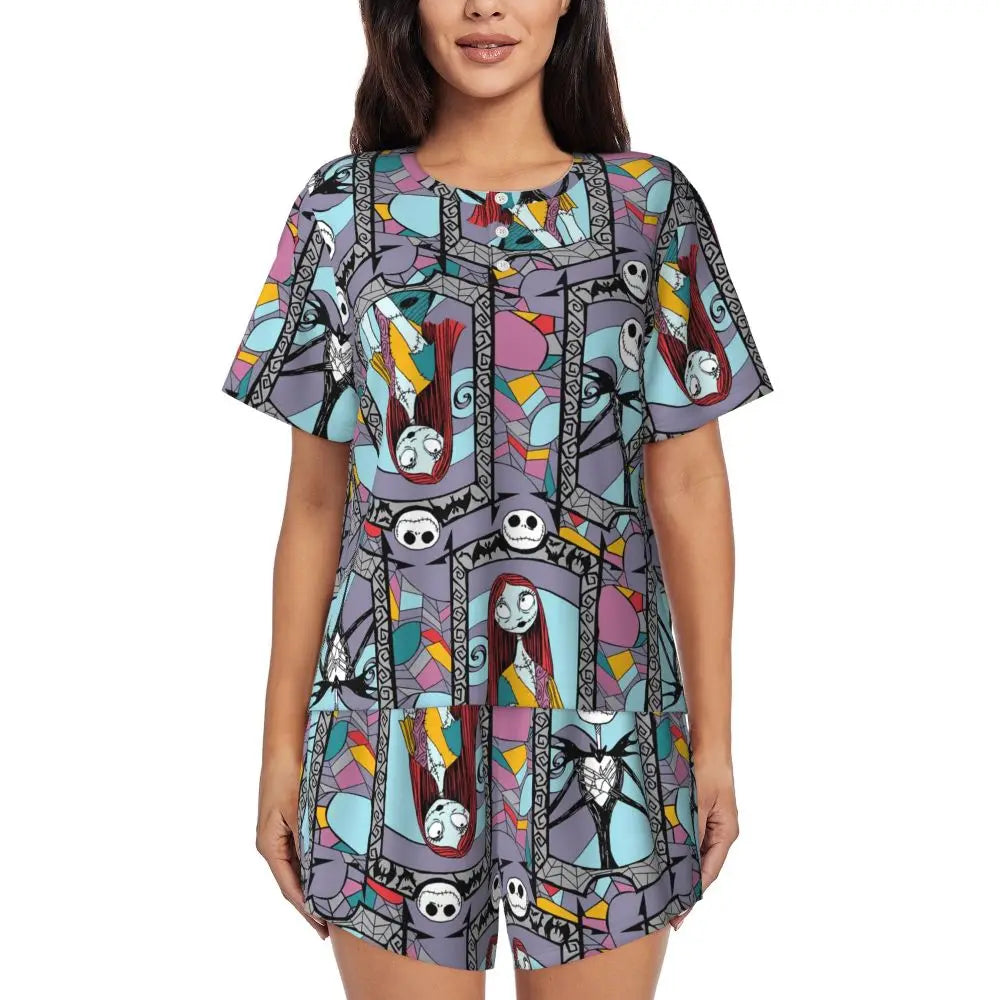 Women's Nightmare Before Christmas Jack Skellington Pajamas Set Printed 2 Piece Pjs Sets Short Sleeve Sleepwear Loungewear
