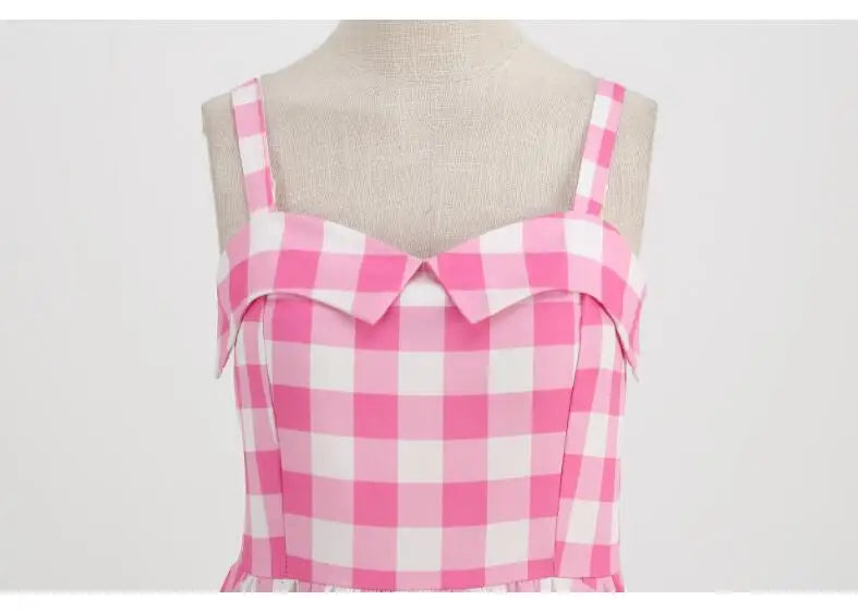 Women's Summer Dress Sexy Retro Pink Plaid Suspender Gown Christmas Party Clothes Robe Femme High-Waisted Dress