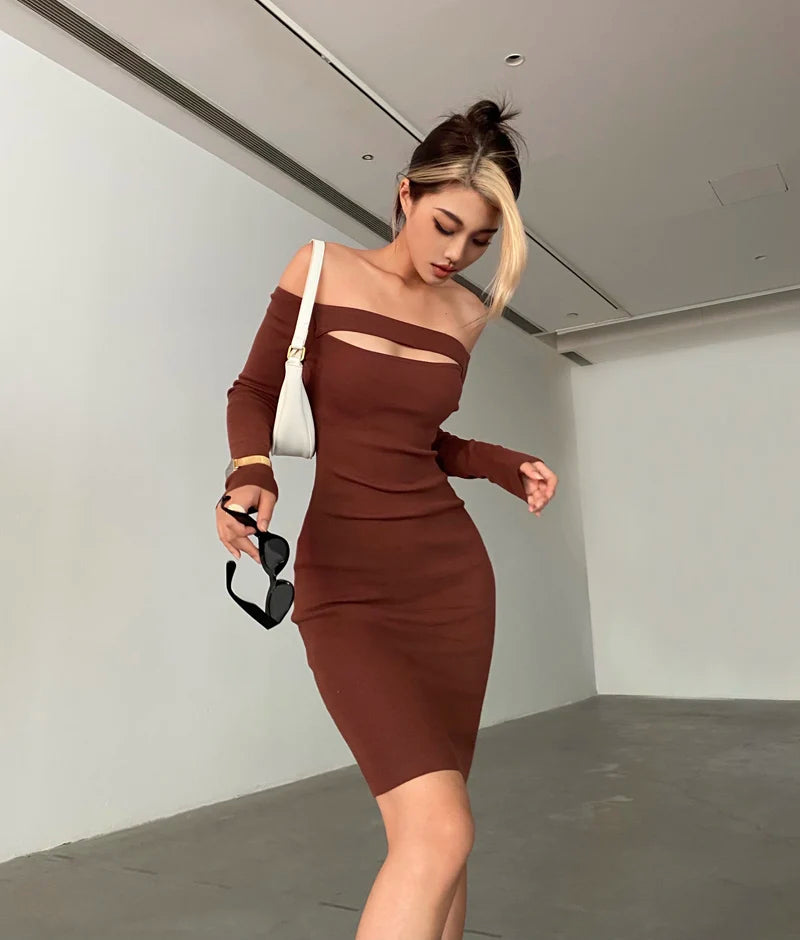 Long sleeve dresses for women 2023 Fall fashion dress short evening party dresses bodycon hollow out knitted dresses off shouler
